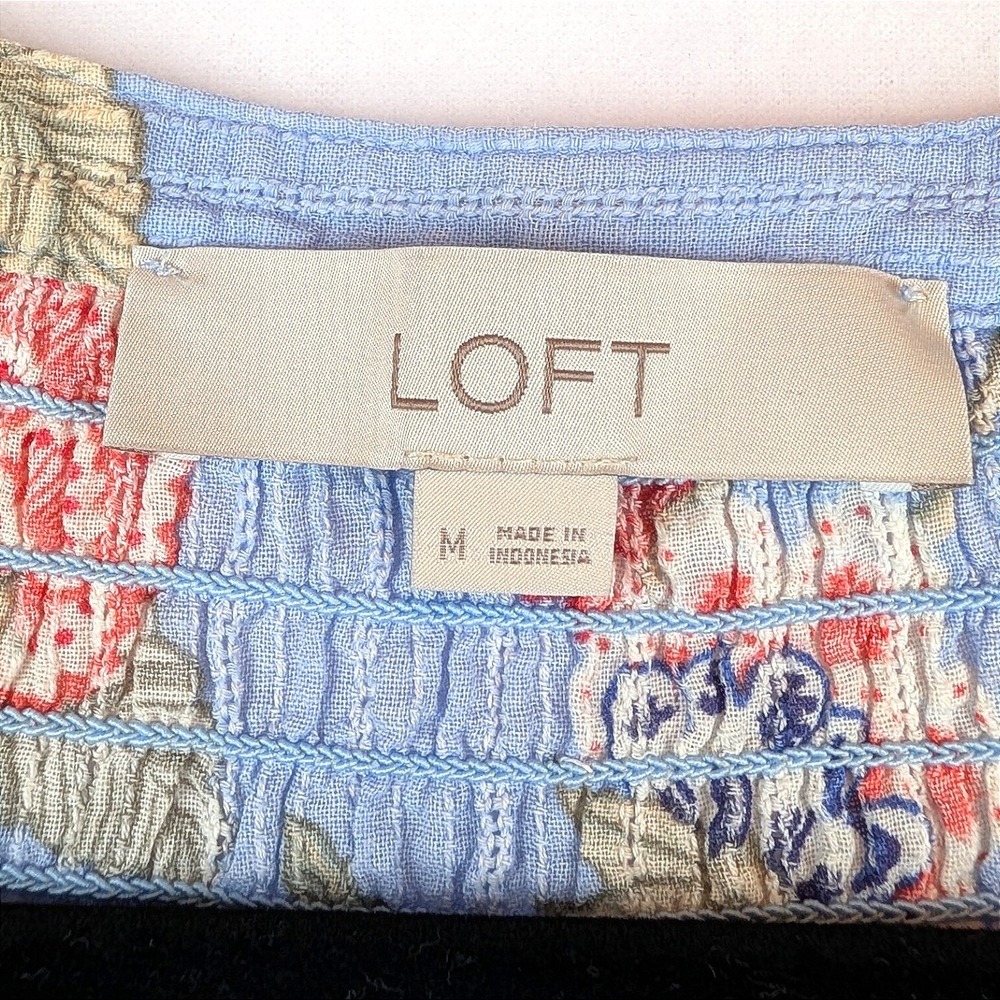 LOFT Blue Floral Dobby Stripe Smocked Puff Sleeve Blouse Top Medium Bundle of 2 - Picture 4 of 16
